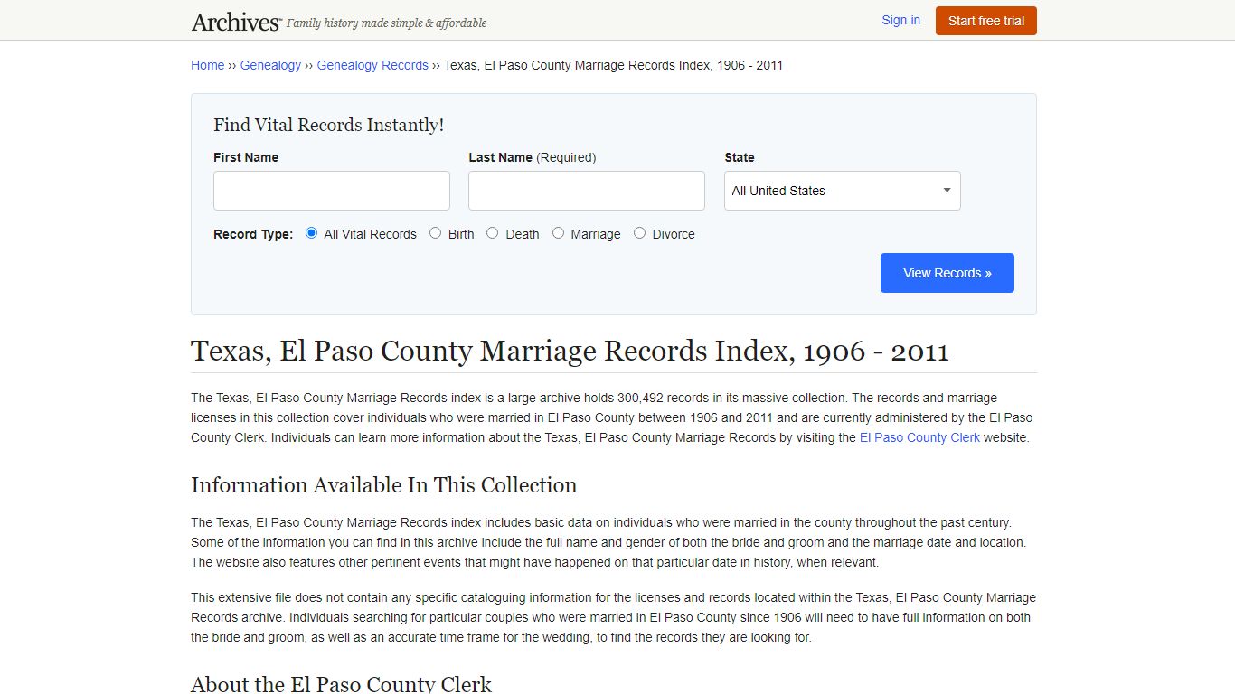 Texas, El Paso County Marriage Records Index, 1906 - 2011 - Archives.com